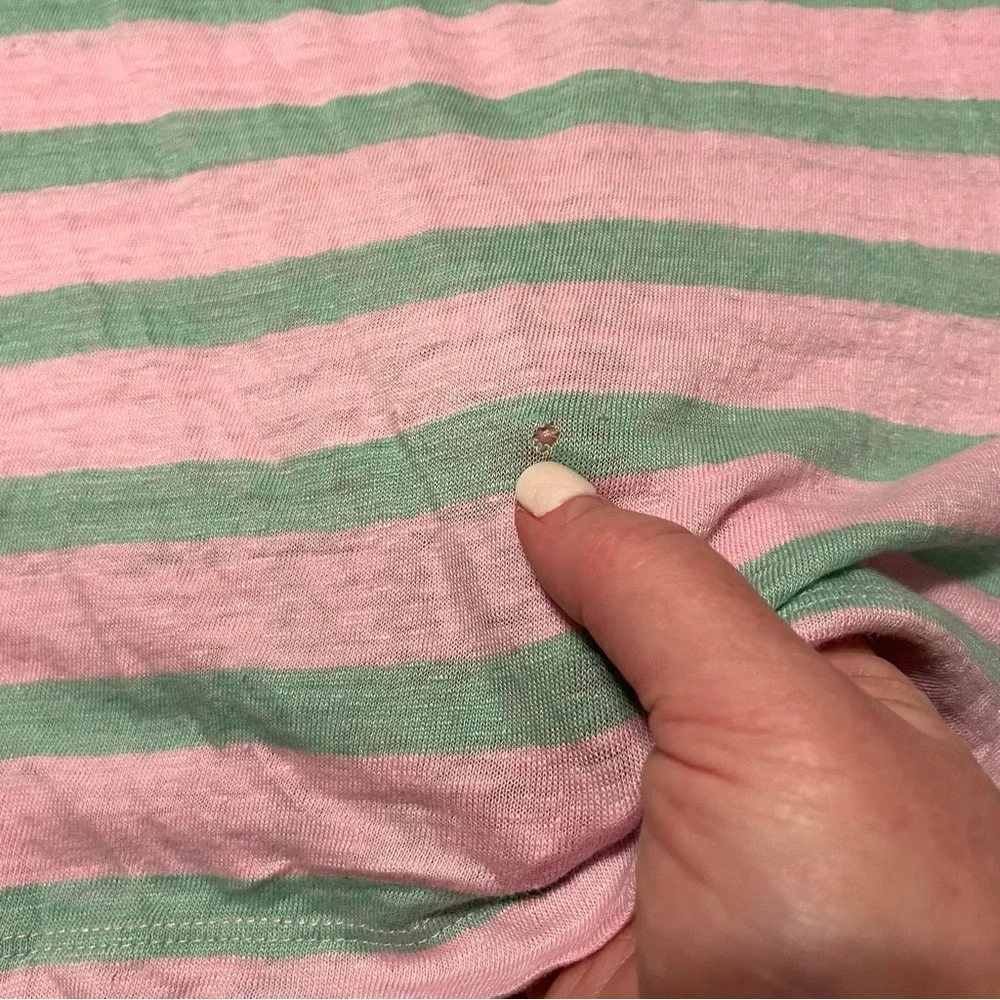 J. Crew Pink Green‎ Stripe 100% Linen Cap Sleeve Pocket Shirt Top Size XS *FLAW*